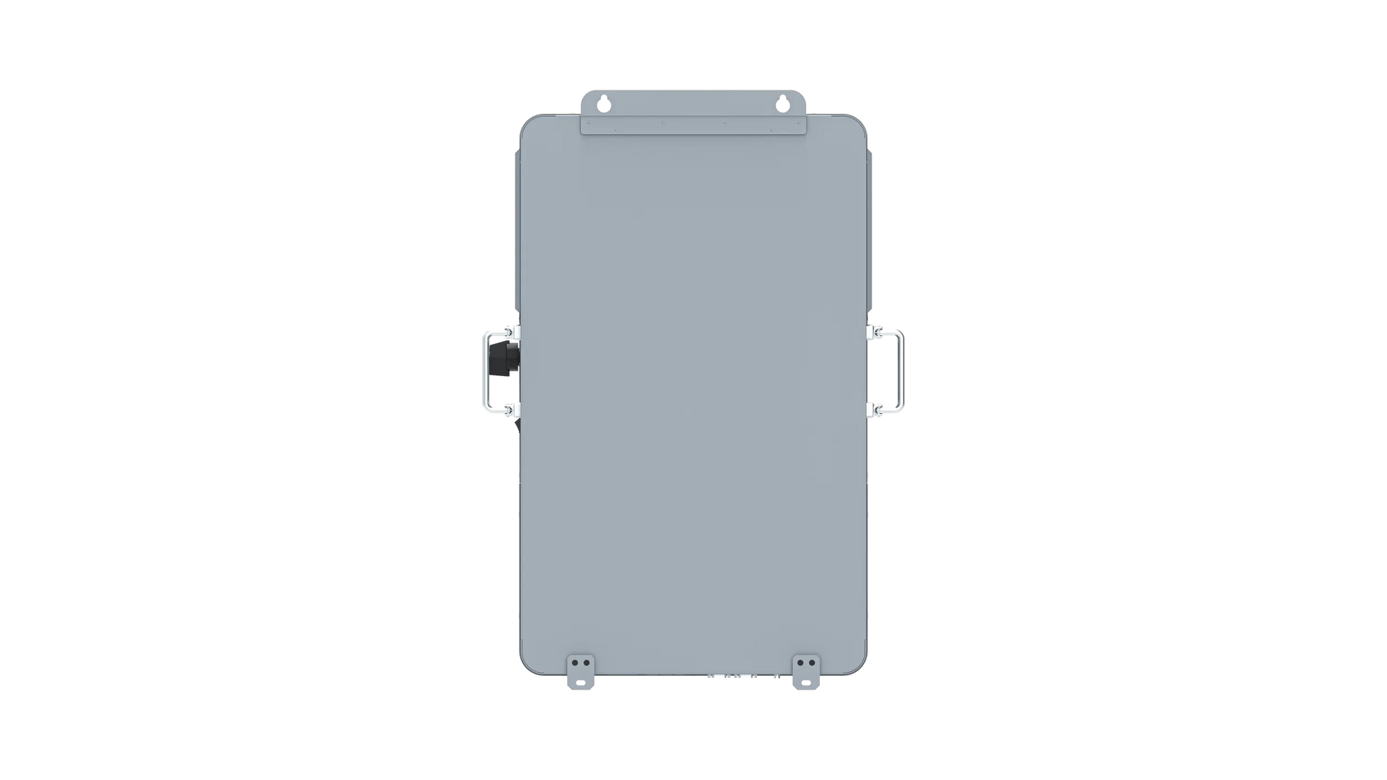 A gray, rectangular metal box from BigBattery featuring handles on both sides and a small latch or connector visible on the left edge. The box is shown from the front against a plain white card background, creating a clean and minimalistic presentation reminiscent of an IBM Plex Sans design aesthetic.