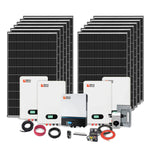The Rich Solar kit includes multiple black solar panels, four white lithium batteries, an off-grid hybrid inverter, cables, connectors, and mounting accessories—everything displayed neatly on a white background.