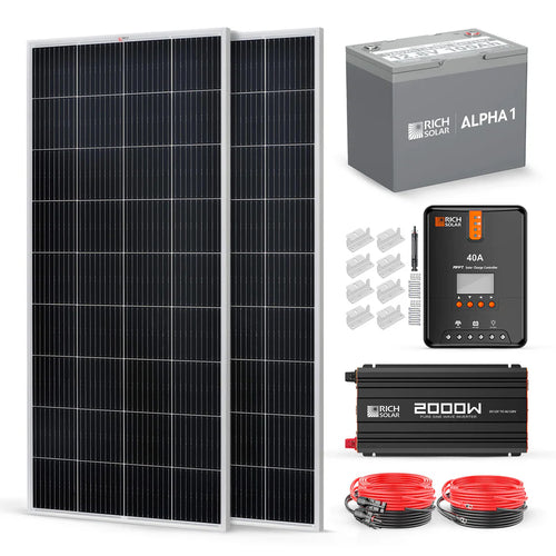 The Rich Solar 400W kit includes two large monocrystalline panels, a battery, MPPT charge controller, power inverter, cables, and mounting brackets, all displayed on a white background.