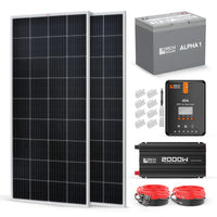 The Rich Solar 400W kit includes two large monocrystalline panels, a battery, MPPT charge controller, power inverter, cables, and mounting brackets, all displayed on a white background.