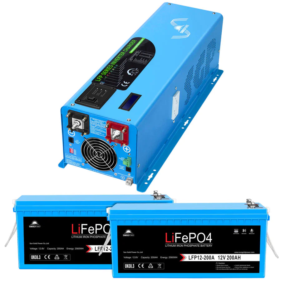 A Sungold Power blue pure sine-wave inverter charger with labeled ports and cooling fan is displayed above two blue 12V 200Ah LiFePO4 batteries with black labels and white text, making an ideal off-grid power solution.