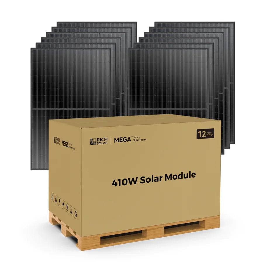A cardboard box labeled Rich Solar 410W Solar Module sits on a wooden pallet, with several black Mono PERC solar panels standing upright in the background—perfect for off-grid and mobile setups.