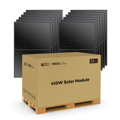 A cardboard box labeled Rich Solar 410W Solar Module sits on a wooden pallet, with several black Mono PERC solar panels standing upright in the background—perfect for off-grid and mobile setups.