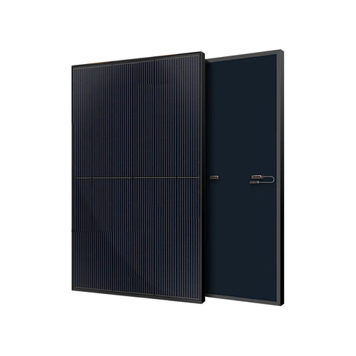 A black Rich Solar panel with Mono PERC Technology, featuring thin vertical lines on the front and a smooth dark back, shown at an angle against a white background—ideal for off-grid and mobile setups.