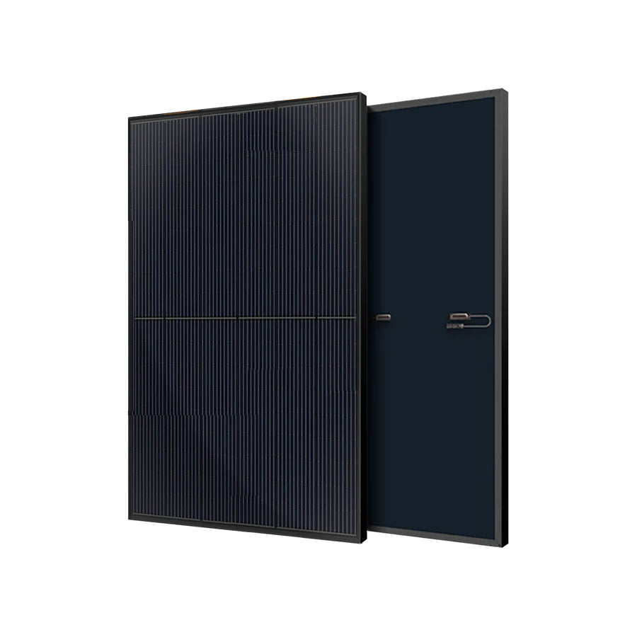 A black Rich Solar panel with Mono PERC Technology, featuring thin vertical lines on the front and a smooth dark back, shown at an angle against a white background—ideal for off-grid and mobile setups.