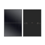 Two black Rich Solar rectangular panels are side by side: the left shows the front with Mono PERC Technology cells, the right displays connectors and mounting brackets. Both feature a sleek, modern design ideal for off-grid use.
