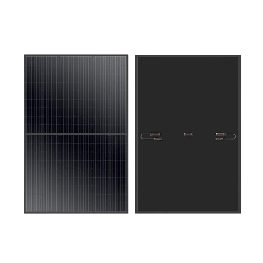 Two black Rich Solar rectangular panels are side by side: the left shows the front with Mono PERC Technology cells, the right displays connectors and mounting brackets. Both feature a sleek, modern design ideal for off-grid use.