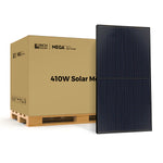 A large box labeled “410W Solar Module” and “Rich Solar” sits on a pallet beside a black Mono PERC solar panel, ideal for off-grid and mobile use.