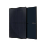 A black rectangular Rich Solar panel with thin vertical lines on the front, advanced Mono PERC Technology, and a solid dark back side, displayed at an angle showing both sides against a white background.