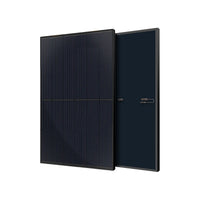 A black rectangular Rich Solar panel with thin vertical lines on the front, advanced Mono PERC Technology, and a solid dark back side, displayed at an angle showing both sides against a white background.