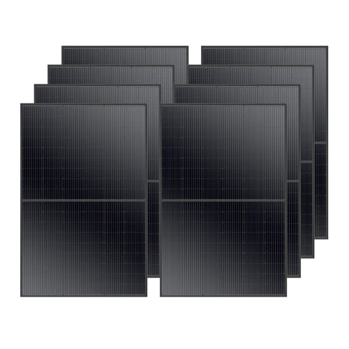 Eight black Rich Solar panels with Mono PERC Technology are arranged in two staggered rows on a white background, showcasing their sleek design and rectangular grid pattern—perfect for off-grid and mobile applications.