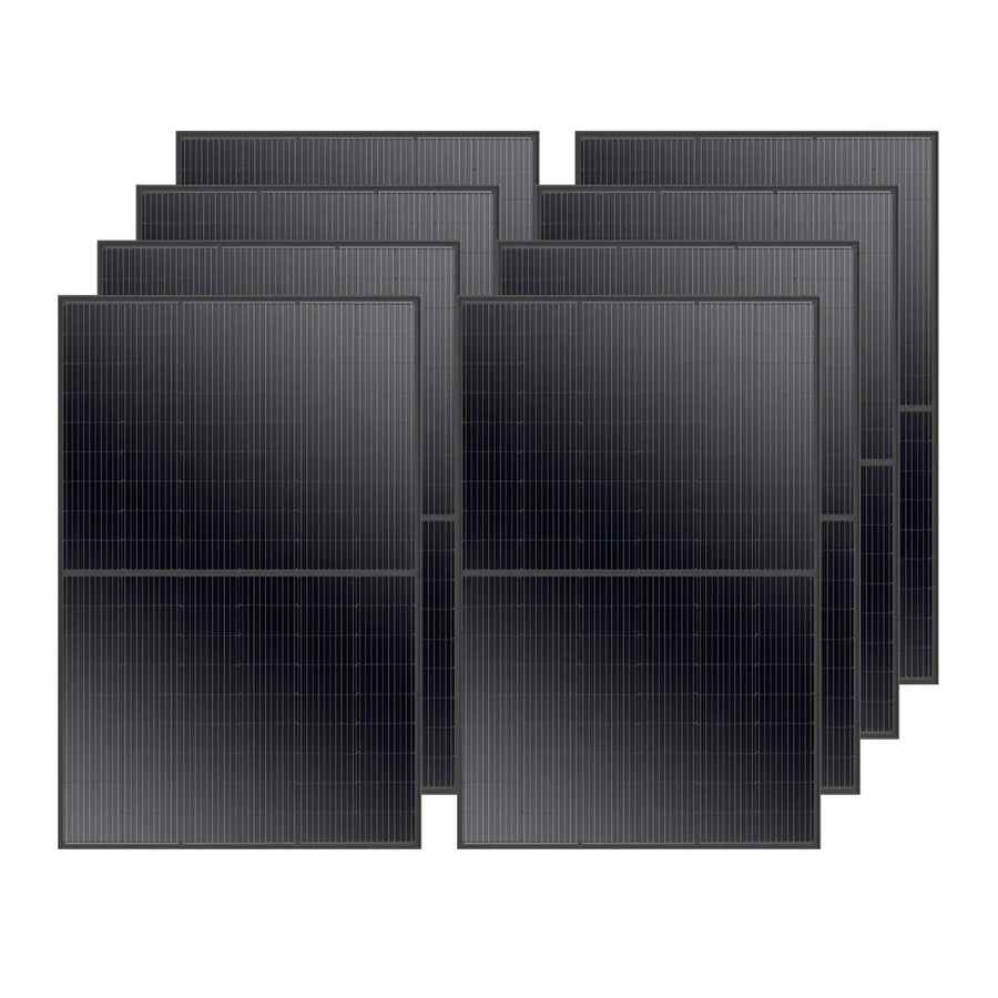 Eight black Rich Solar panels with Mono PERC Technology are arranged in two staggered rows on a white background, showcasing their sleek design and rectangular grid pattern—perfect for off-grid and mobile applications.