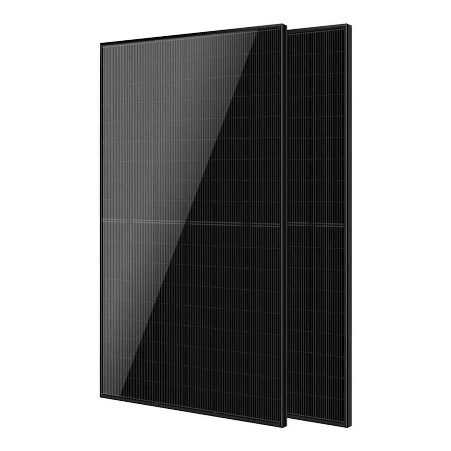 Two black solar panels stand upright, slightly overlapping each other, with a reflective surface and rectangular grid pattern visible, their sleek edges almost hinting at a subtle border radius that enhances their modern appeal.