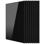 Stack of six black solar panels standing upright, viewed from an angle to show their slim profile and reflective surfaces—each panel casts a subtle box-shadow, enhancing their modern silhouette.