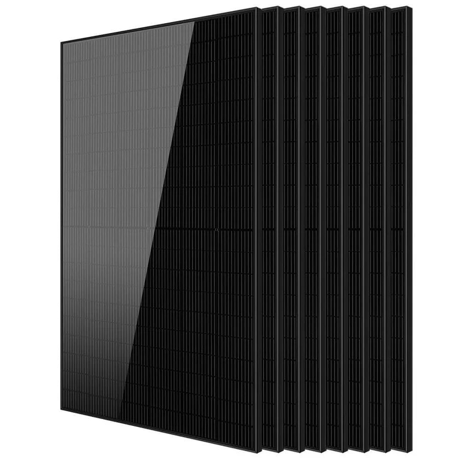 Stack of six black solar panels standing upright, viewed from an angle to show their slim profile and reflective surfaces—each panel casts a subtle box-shadow, enhancing their modern silhouette.