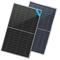 Two Sungold Power rectangular solar panels are shown—one displays the front with dark photovoltaic cells and a blue accent, the other shows the back. Both have silver frames and use PERC technology for enhanced energy efficiency.