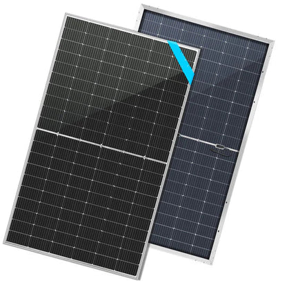 Two Sungold Power rectangular solar panels are shown—one displays the front with dark photovoltaic cells and a blue accent, the other shows the back. Both have silver frames and use PERC technology for enhanced energy efficiency.