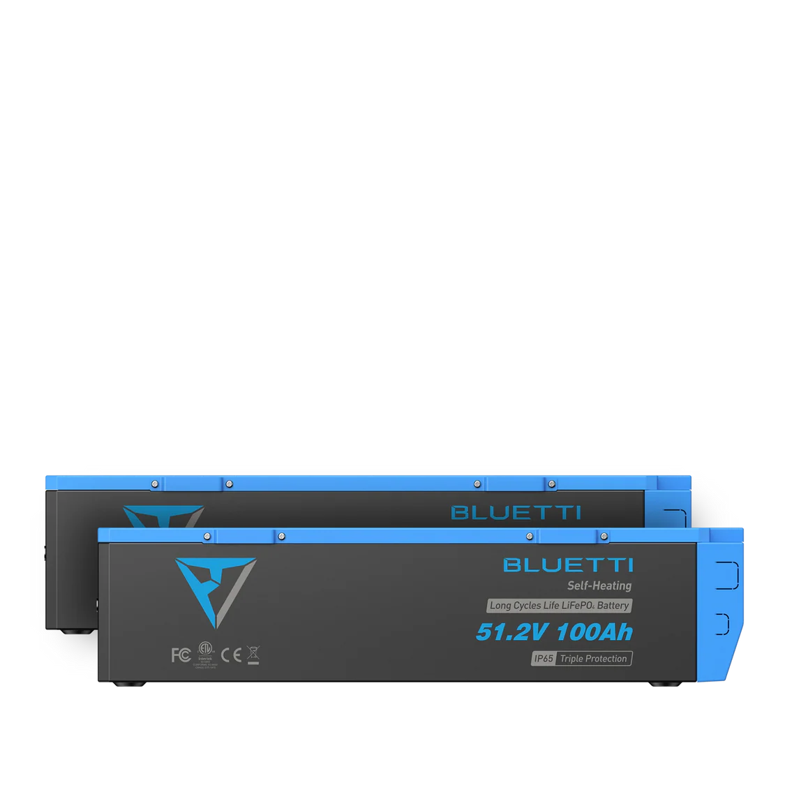 Two rectangular Bluetti LiFePO4 batteries with blue and black casing, branded with the Bluetti name and labeled B4810 51.2V 100Ah, are stacked one in front of the other against a plain white background, making them an excellent choice for pairing with a solar generator or incorporating into a portable power station system.