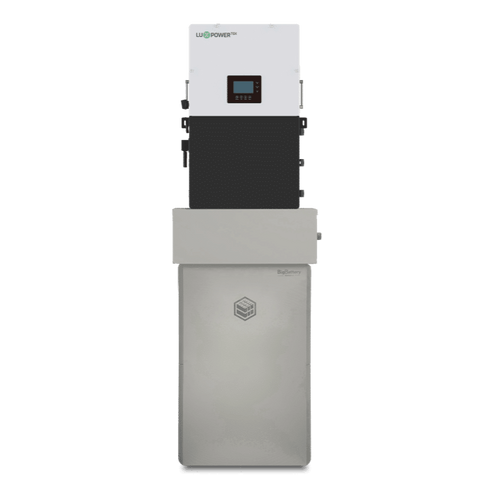A tall, rectangular 48V BigBattery home battery with a white and gray exterior, small digital display, the BigBattery logo on top, and a metallic lower section featuring a shield emblem for advanced power storage.
