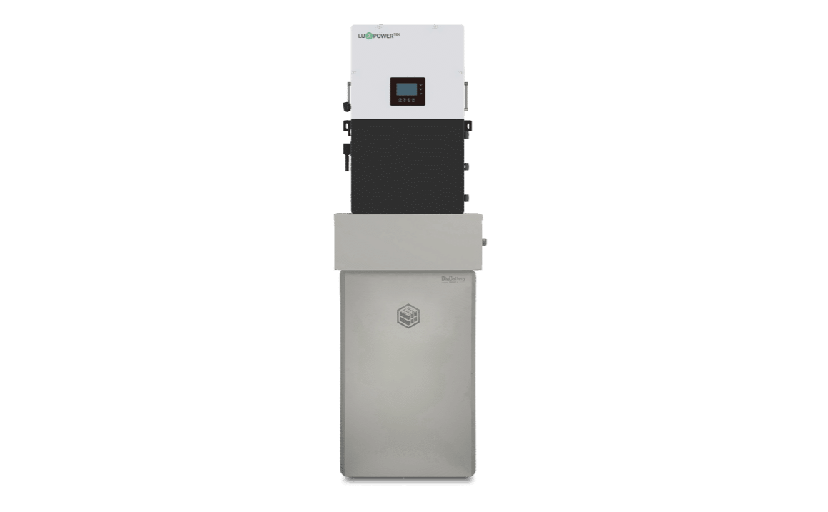 A tall, rectangular 48V BigBattery home battery with a white and gray exterior, small digital display, the BigBattery logo on top, and a metallic lower section featuring a shield emblem for advanced power storage.
