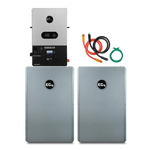 An EG4 home battery storage system features two large silver PowerPro Battery units, a wall-mounted control unit above, and various cables plus an 8000W solar charger on the right.