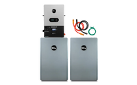 An EG4 home battery storage system features two large silver PowerPro Battery units, a wall-mounted control unit above, and various cables plus an 8000W solar charger on the right.