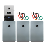 Three silver EG4 battery units are side by side, topped on the left by a black and silver EG4 control unit. Two coiled cable sets with orange and black wires showcase this advanced EG4 off-grid power and energy storage system.