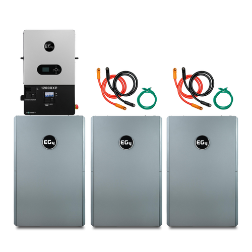 Three silver EG4 battery units are side by side, topped on the left by a black and silver EG4 control unit. Two coiled cable sets with orange and black wires showcase this advanced EG4 off-grid power and energy storage system.