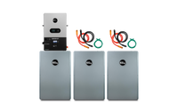 Three silver EG4 battery units are side by side, topped on the left by a black and silver EG4 control unit. Two coiled cable sets with orange and black wires showcase this advanced EG4 off-grid power and energy storage system.