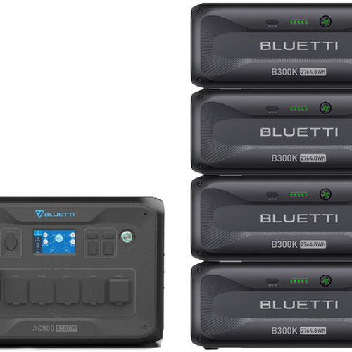 A Bluetti AC500 portable power station sits on the left, with four Bluetti B300K 3,072Wh batteries stacked on the right, all against a white background—perfect for dependable solar energy storage.