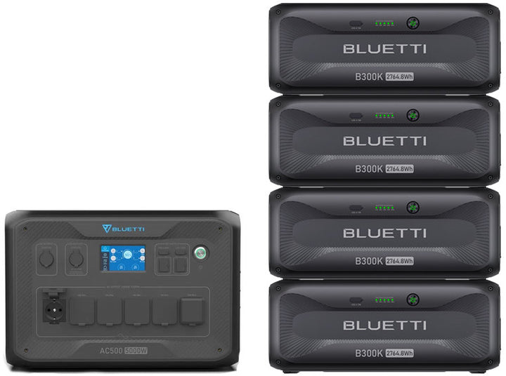 A Bluetti AC500 portable power station sits on the left, with four Bluetti B300K 3,072Wh batteries stacked on the right, all against a white background—perfect for dependable solar energy storage.