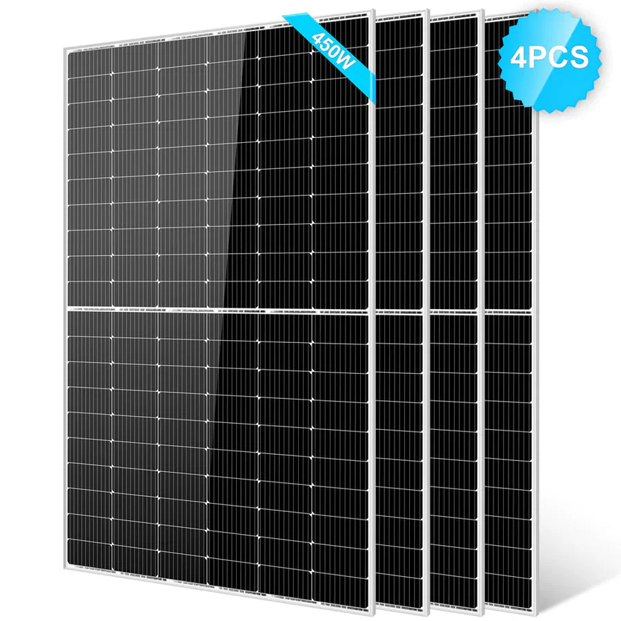 Four large black 450W Sungold Power Monocrystalline PERC Solar Panels with silver frames stand upright in a staggered row. A blue badge in the top right says “4PCS,” and a label in the top left reads “450W Silicon Solar Cells.”.