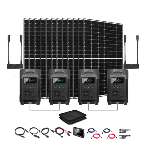 The EcoFlow complete solar generator system includes eight solar panels, four EcoFlow Delta Pro portable power stations, and all necessary cables, adapters, and accessories—offering convenient portable power solutions on a white background.