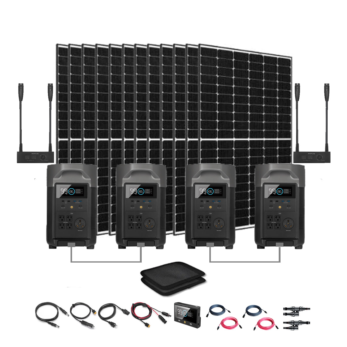 The EcoFlow complete solar generator system includes eight solar panels, four EcoFlow Delta Pro portable power stations, and all necessary cables, adapters, and accessories—offering convenient portable power solutions on a white background.