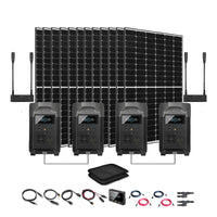 The EcoFlow complete solar generator system includes eight solar panels, four EcoFlow Delta Pro portable power stations, and all necessary cables, adapters, and accessories—offering convenient portable power solutions on a white background.