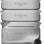 Three stacked Ecoflow Delta Pro 3 power stations in silver and gray, with the bottom unit featuring a right-side wheel for mobility, illustrating expandable capacity to meet various energy needs.