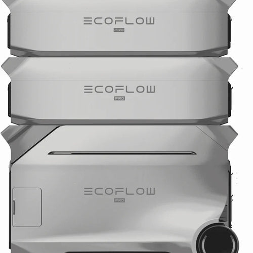 Three stacked Ecoflow Delta Pro 3 power stations in silver and gray, with the bottom unit featuring a right-side wheel for mobility, illustrating expandable capacity to meet various energy needs.