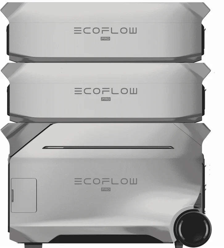 Three stacked Ecoflow Delta Pro 3 power stations in silver and gray, with the bottom unit featuring a right-side wheel for mobility, illustrating expandable capacity to meet various energy needs.