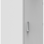 Tall, rectangular white Pytes outdoor battery cabinet labeled V-BOX-OC at the top left. It has a door with a handle, control knobs, and connectors on the upper right panel—designed for use with LiFePO₄ batteries.