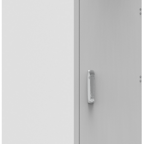 Tall, rectangular white Pytes outdoor battery cabinet labeled V-BOX-OC at the top left. It has a door with a handle, control knobs, and connectors on the upper right panel—designed for use with LiFePO₄ batteries.
