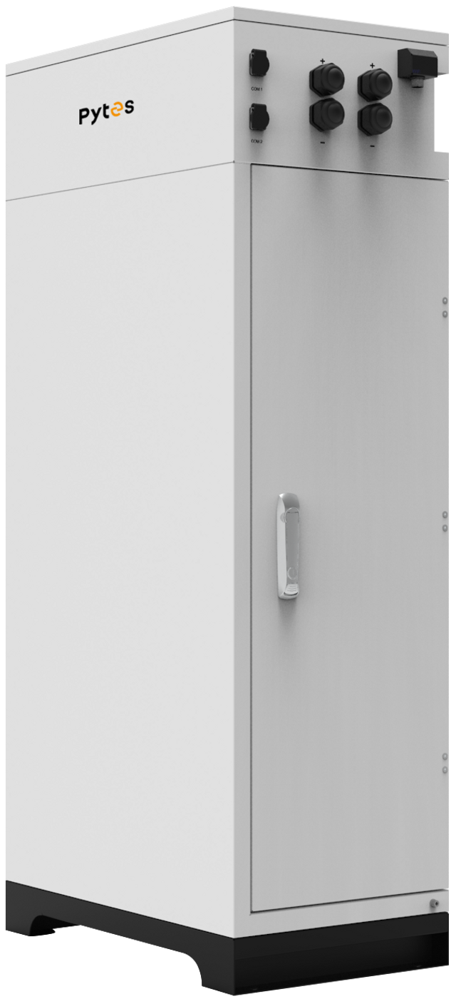 Tall, rectangular white Pytes outdoor battery cabinet labeled V-BOX-OC at the top left. It has a door with a handle, control knobs, and connectors on the upper right panel—designed for use with LiFePO₄ batteries.