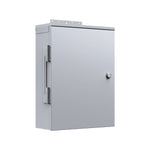 A gray metal electrical enclosure box with a front handle and lock, reminiscent of the sturdy casings used for solar generator systems like the Bluetti AC500 portable power station, mounted against a white background.