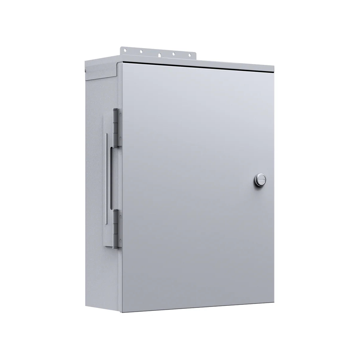 A gray metal electrical enclosure box with a front handle and lock, reminiscent of the sturdy casings used for solar generator systems like the Bluetti AC500 portable power station, mounted against a white background.