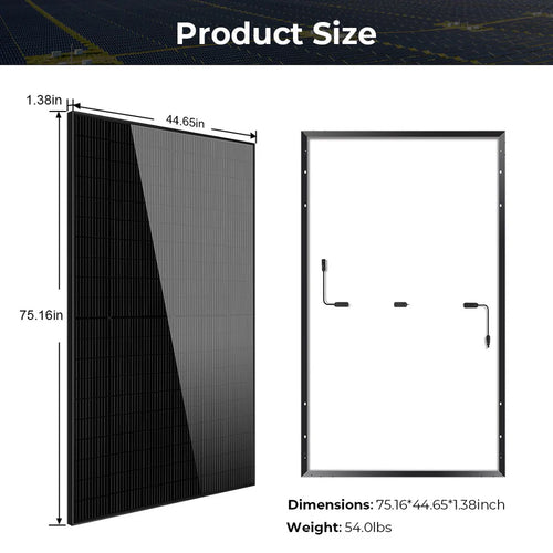 Two views of Sungold Power Solar Panels: 75.16 x 44.65 x 1.38 inches, 54 lbs. Left shows the front; right reveals the back with connection cables—perfect for Hybrid Solar Kit or Lithium Battery Bank setups.