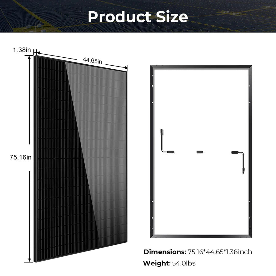 Image showing front and back views of the Sungold Power solar panel, ideal for hybrid solar kits, with labeled dimensions (75.16 x 44.65 x 1.38 inches) and weight (54 lbs). Product is titled Product Size.