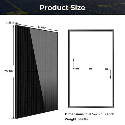 Image showing front and back views of the Sungold Power solar panel, ideal for hybrid solar kits, with labeled dimensions (75.16 x 44.65 x 1.38 inches) and weight (54 lbs). Product is titled Product Size.