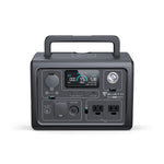 A black Bluetti Portable Power Station features a digital display, Pure Sine Wave Inverter, multiple control buttons, USB ports, AC outlets, DC ports, and a sturdy top handle for easy carrying.