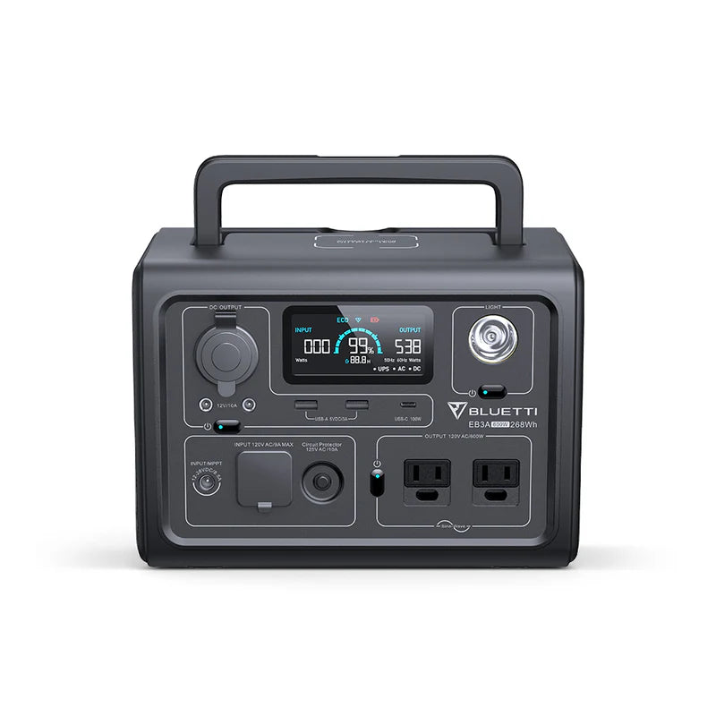 A black Bluetti Portable Power Station features a digital display, Pure Sine Wave Inverter, multiple control buttons, USB ports, AC outlets, DC ports, and a sturdy top handle for easy carrying.