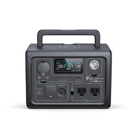A black Bluetti Portable Power Station features a digital display, Pure Sine Wave Inverter, multiple control buttons, USB ports, AC outlets, DC ports, and a sturdy top handle for easy carrying.