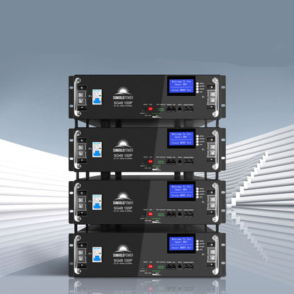 4 X SUNGOLD POWER 5,120WH 48V 100AH Server Rack LIFEPO4 Lithium Battery SG48100P with a grey background